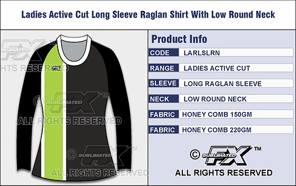 Sublimated FX Womens Active Range Raglan Sleeve Shirt with low round neck collar