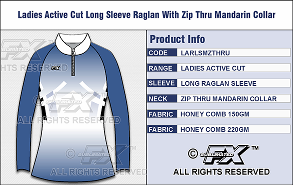 Sublimated FX Womens Active Range Raglan Sleeve Shirt with shirt zip through a Mandarin collar