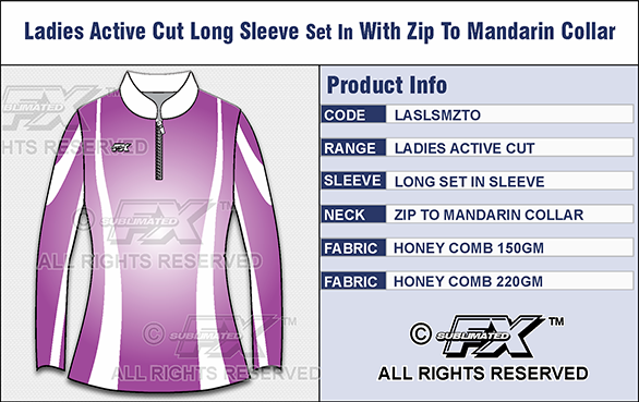 Ladies sublimated long sleeve shirt with zip to mandarin collar