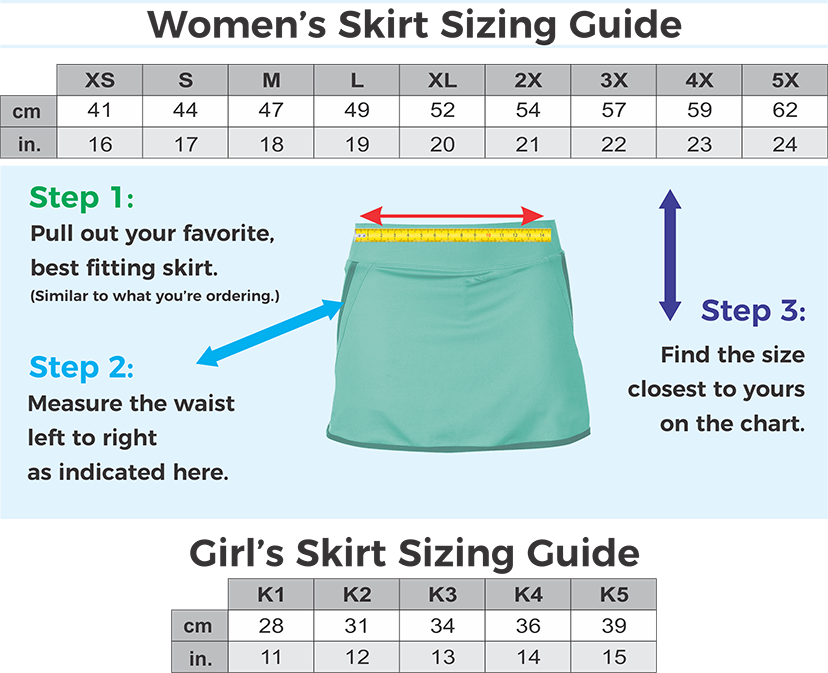 Sublimated FX Branded Apparel Size Guide for Womens Sublimated Sport Skirts and Skorts