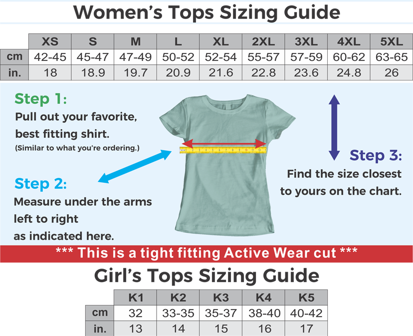 Sublimated FX Branded Apparel Size Guide for Ladies Sublimated Shirts